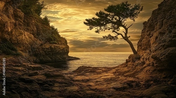 Fototapeta A serene coastal landscape featuring rugged rock formations emerging from the ocean, surrounded by gentle waves.