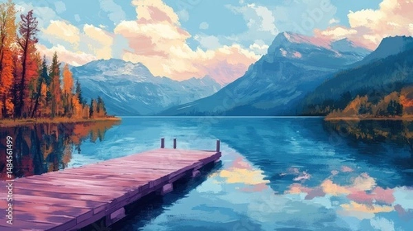 Fototapeta A serene landscape featuring a calm lake surrounded by majestic mountains.