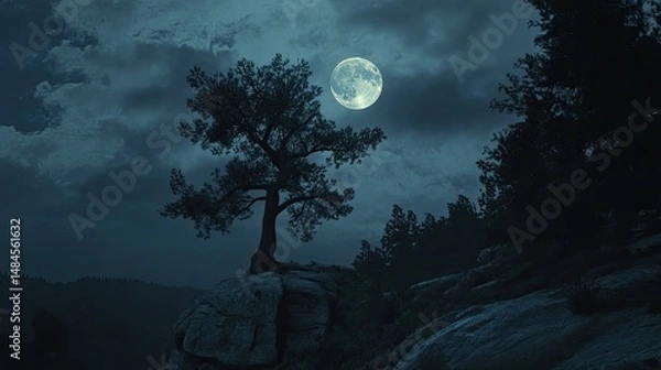 Fototapeta A large, bright full moon dominates the sky against a backdrop of dark, swirling clouds.