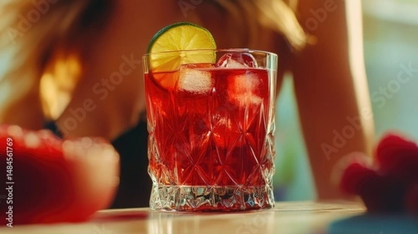 Fototapeta A short cocktail glass filled with vibrant red liquid and ice cubes, garnished with a lime wedge.