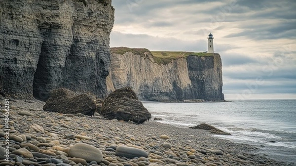 Fototapeta Rocky shoreline with large gray boulders scattered across the foreground, leading towards a small, grassy island.