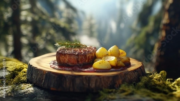 Fototapeta A beautifully plated dish featuring a large, juicy pork chop topped with a glossy berry sauce and fresh cranberries.