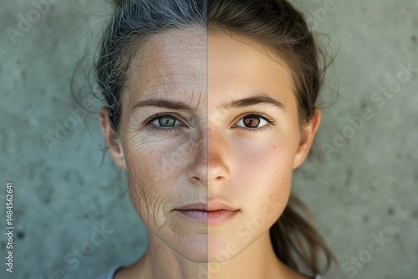 Fototapeta A portrait split a woman showing old and youth age. Two parts of the life aging human comparison two halves. Generative AI.