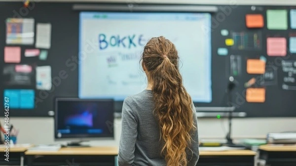 Fototapeta A teacher in a classroom stands beside a digital screen displaying a simple drawing of a dog and the name brooklynn written above.