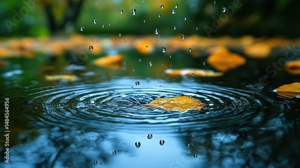 Obraz A photograph of raindrops falling into a puddle, creating ripples and splashes that distort the reflected image of the surrounding environment, capturing a fleeting moment of natural beauty