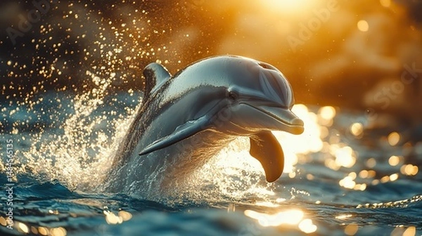 Obraz A playful dolphin leaping gracefully out of the sparkling blue ocean water, silhouetted against a bright, sunny sky