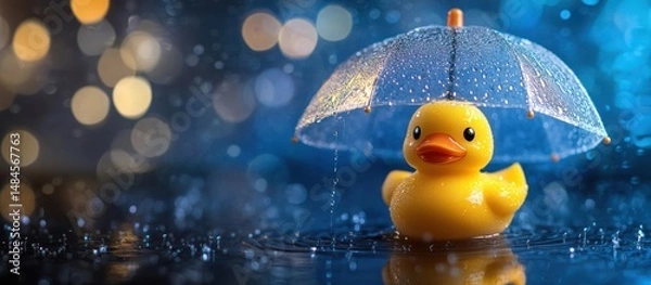 Fototapeta Yellow rubber duck under a transparent umbrella in the rain.  Bokeh background