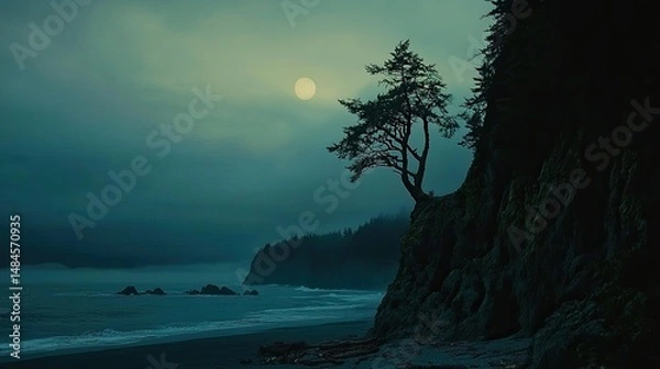 Fototapeta A serene coastal landscape featuring rugged rock formations emerging from the ocean, surrounded by gentle waves.