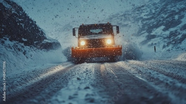 Obraz A snowplow clears a snowy road, prominently featuring a large yellow blade at the front.