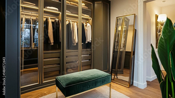 Fototapeta Refined English interiors with soft neutral tones, botanical art, fresh florals, classic panelled walls, and elegant furnishings for a feminine yet timeless home atmosphere