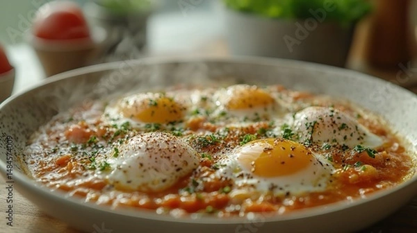 Obraz A steaming plate of shakshuka, eggs poached in a spicy tomato sauce, offers a flavorful Middle Eastern breakfast