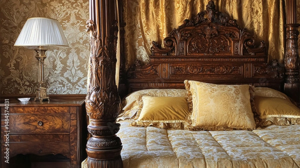 Fototapeta Opulent Baroque interiors with gilded four-poster beds, floral drapes, ornate furniture, and classical detailing, capturing a romantic old-world charm fit for an English noble manor