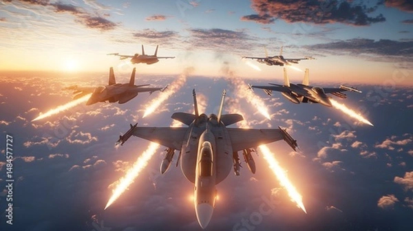 Fototapeta A squadron of fighter jets soaring high above the clouds releasing flares at sunset with dramatic