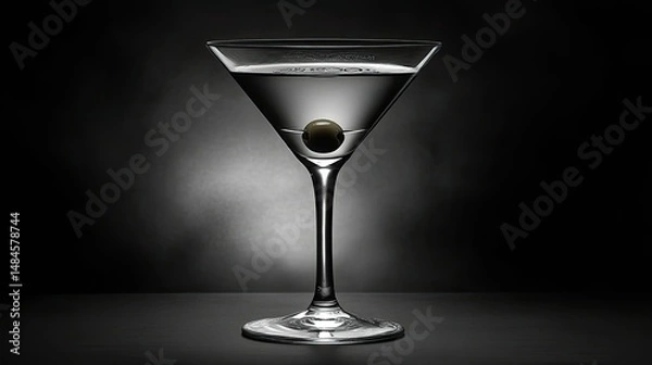 Obraz A close-up of a martini glass filled with clear liquid, featuring three green olives garnished with a toothpick.