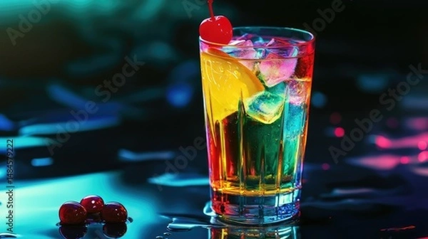 Obraz A tall glass filled with a vibrant pink beverage, ice cubes are floating in the drink.