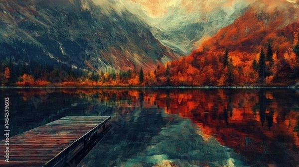 Obraz A serene landscape featuring a calm lake surrounded by majestic mountains.