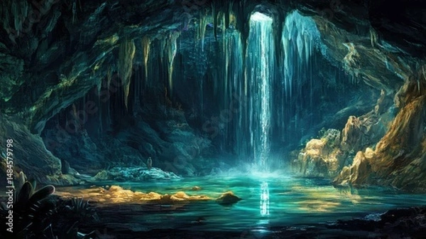 Fototapeta An underground cave featuring numerous stalactites hanging from the ceiling and stalagmites rising from the ground.