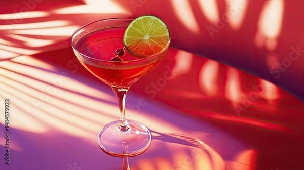 Obraz A short cocktail glass filled with vibrant red liquid and ice cubes, garnished with a lime wedge.