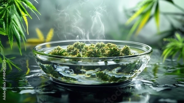 Fototapeta A clear glass bowl filled with large, densely packed cannabis buds featuring a mix of green and orange hues, sitting against a white background.