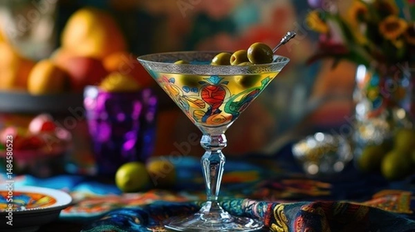 Fototapeta Close-up of a martini glass filled with a clear cocktail, featuring two green olives with red pits at the bottom.