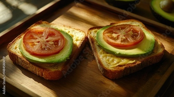 Obraz Two slices of toasted bread topped with slices of avocado and halved cherry tomatoes, garnished with small green shoots, presented on a wooden platter.