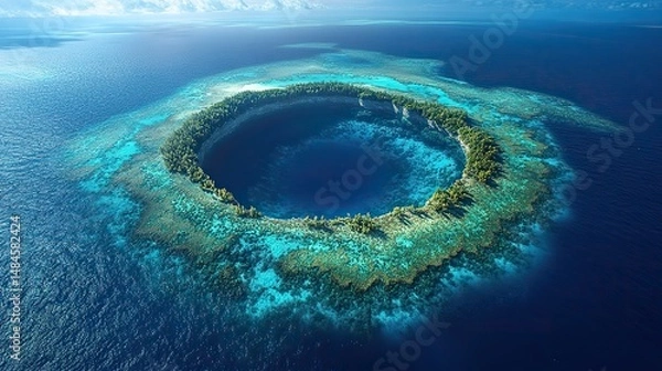Obraz A vibrant coral atoll surrounding a turquoise lagoon, a ring of life in the vast ocean, teeming with marine biodiversity