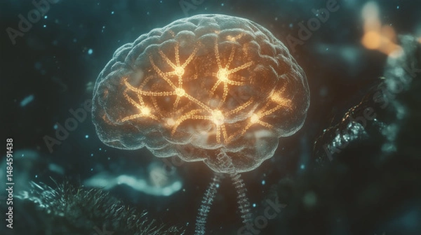 Fototapeta Transparent DNA strands connecting human neurons in a brain model