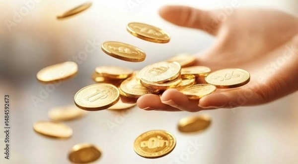 Fototapeta Golden coins fall against a white background, symbolizing the movement of wealth and business profit, ideal for financial and wealth concepts. Gold coins have no logo or any pattern on them.