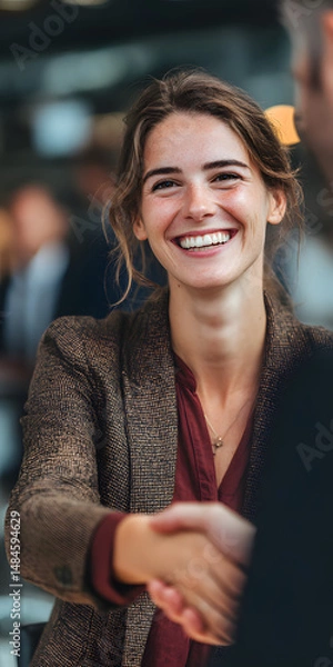 Fototapeta The businesswoman reached a cooperation with the client and had a friendly handshake with a smile. Salesperson, B2B,B2C,C2B, business, finance, background, poster, wallpaper, base image, professional