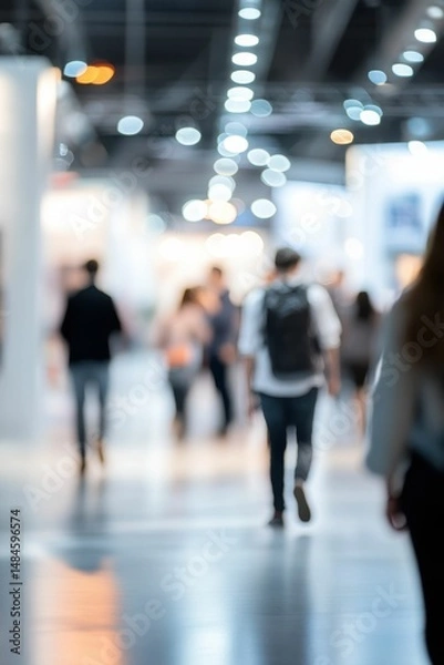 Fototapeta Modern trade show with vendors and attendees background, captured in a lively scene of networking and business interactions, showcasing the spirit of a professional event.