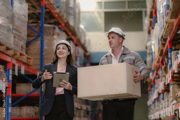 Fototapeta Distribution warehouse manager and client businesswoman using digital tablet checking inventory storage on shelf. Storehouse business worker and logistic engineer standing together at storage service