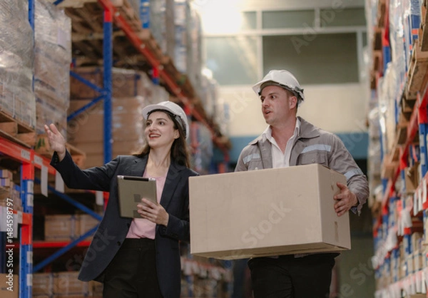 Fototapeta Distribution warehouse manager and client businesswoman using digital tablet checking inventory storage on shelf. Storehouse business worker and logistic engineer standing together at storage service