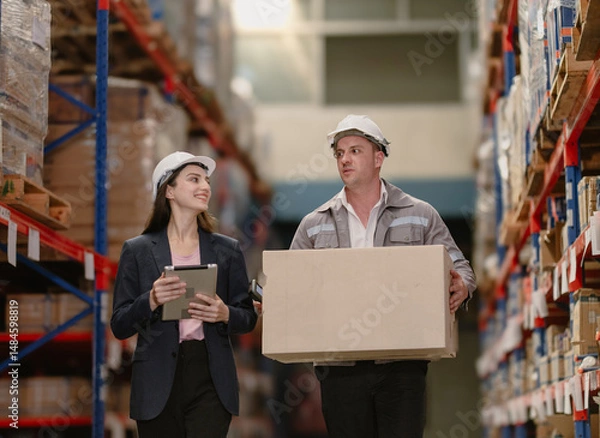 Fototapeta Distribution warehouse manager and client businesswoman using digital tablet checking inventory storage on shelf. Storehouse business worker and logistic engineer standing together at storage service