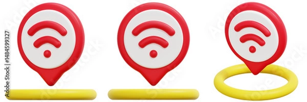 Fototapeta Set of Red Wifi Location Pins with Yellow Rings 3d Render Icon Illustration