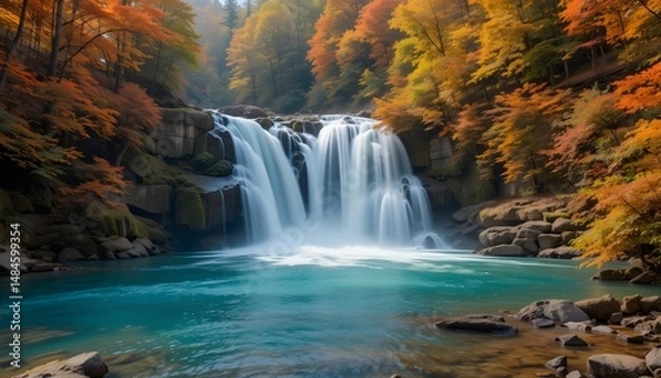 Obraz Beautiful Waterfall Flowing with Turquoise Water in Colorful Autumn Forest during Fall Season Showcasing Nature’s Stunning Beauty