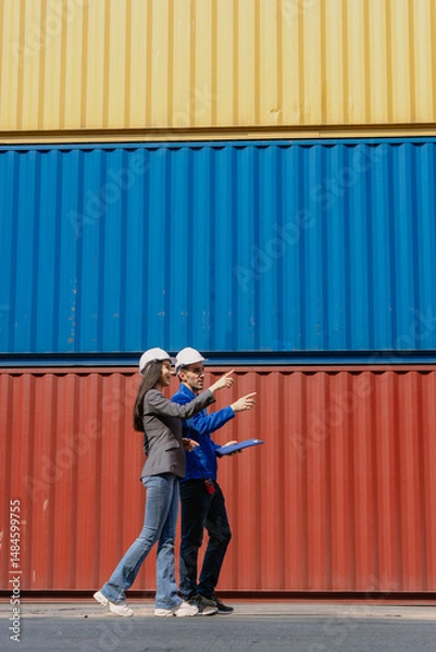 Fototapeta Industrial engineer standing at shipping container yard inspecting cargo delivering loading as plan. Woman manager and diverse ethnic worker checking import export container at logistic terminal dock.