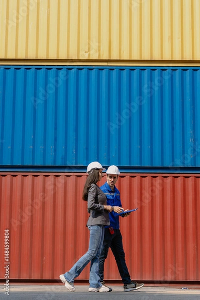 Fototapeta Industrial engineer standing at shipping container yard inspecting cargo delivering loading as plan. Woman manager and diverse ethnic worker checking import export container at logistic terminal dock.