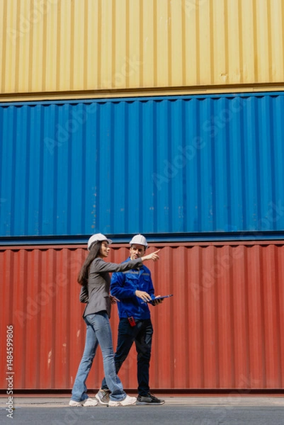 Fototapeta Industrial engineer standing at shipping container yard inspecting cargo delivering loading as plan. Woman manager and diverse ethnic worker checking import export container at logistic terminal dock.
