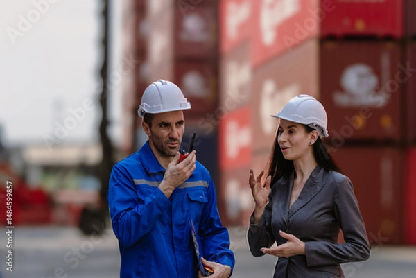 Fototapeta Industrial engineer standing at shipping container yard inspecting cargo delivering loading as plan. Woman manager and diverse ethnic worker checking import export container at logistic terminal dock.