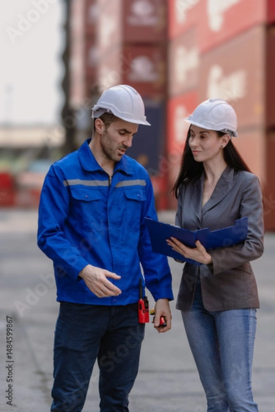 Fototapeta Industrial engineer standing at shipping container yard inspecting cargo delivering loading as plan. Woman manager and diverse ethnic worker checking import export container at logistic terminal dock.