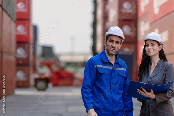 Fototapeta Industrial engineer standing at shipping container yard inspecting cargo delivering loading as plan. Woman manager and diverse ethnic worker checking import export container at logistic terminal dock.