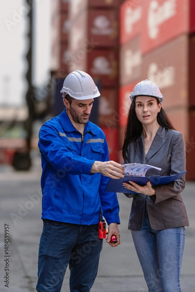 Fototapeta Industrial engineer standing at shipping container yard inspecting cargo delivering loading as plan. Woman manager and diverse ethnic worker checking import export container at logistic terminal dock.