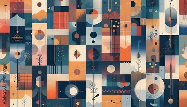 Obraz Geometric Pattern Vector Background with Scandinavian Abstract Colors and Swiss Geometry Prints Featuring Rectangles Squares and Circles Shape Design