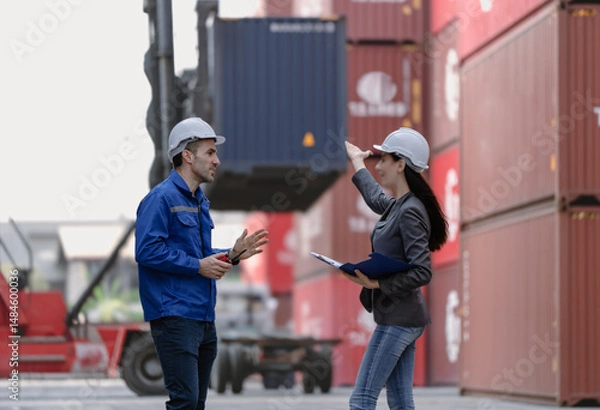 Fototapeta Industrial engineer standing at shipping container yard inspecting cargo delivering loading as plan. Woman manager and diverse ethnic worker checking import export container at logistic terminal dock.