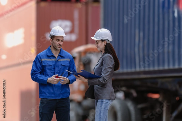 Fototapeta Industrial engineer standing at shipping container yard inspecting cargo delivering loading as plan. Woman manager and diverse ethnic worker checking import export container at logistic terminal dock.