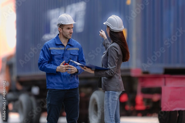 Fototapeta Industrial engineer standing at shipping container yard inspecting cargo delivering loading as plan. Woman manager and diverse ethnic worker checking import export container at logistic terminal dock.