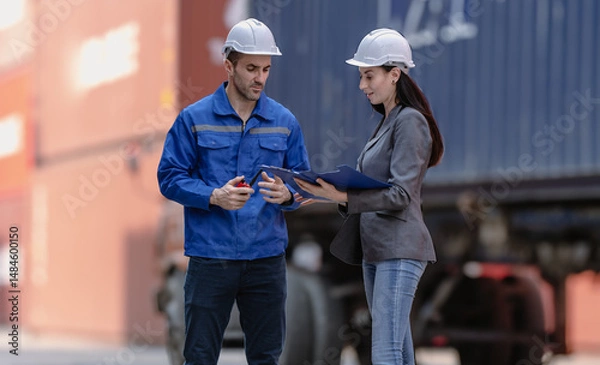 Fototapeta Industrial engineer standing at shipping container yard inspecting cargo delivering loading as plan. Woman manager and diverse ethnic worker checking import export container at logistic terminal dock.