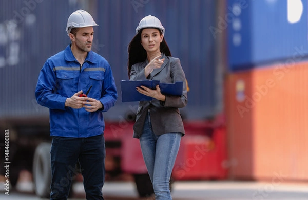 Obraz Industrial engineer standing at shipping container yard inspecting cargo delivering loading as plan. Woman manager and diverse ethnic worker checking import export container at logistic terminal dock.
