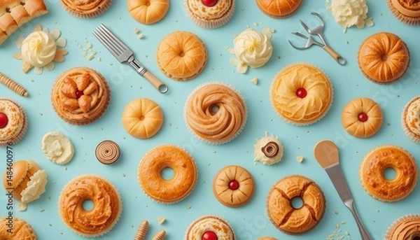 Obraz Bakery Pattern Wallpaper Featuring Assortment of Fresh Pastries and Baking Tools for Charming and Delicious Background Design