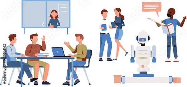 Fototapeta Digital Collaboration: Modern workplace with diverse scenes, depicting teamwork, a smart robot, education, and a lively work environment, suggesting progress and innovation